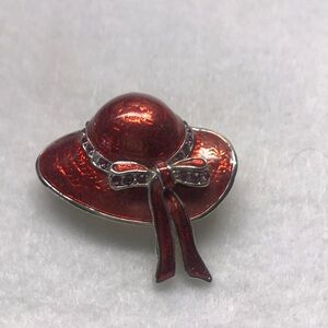 Super Cute Vintage Brooch/Pin Enameled Red Floppy Hat with Red Rhinestones